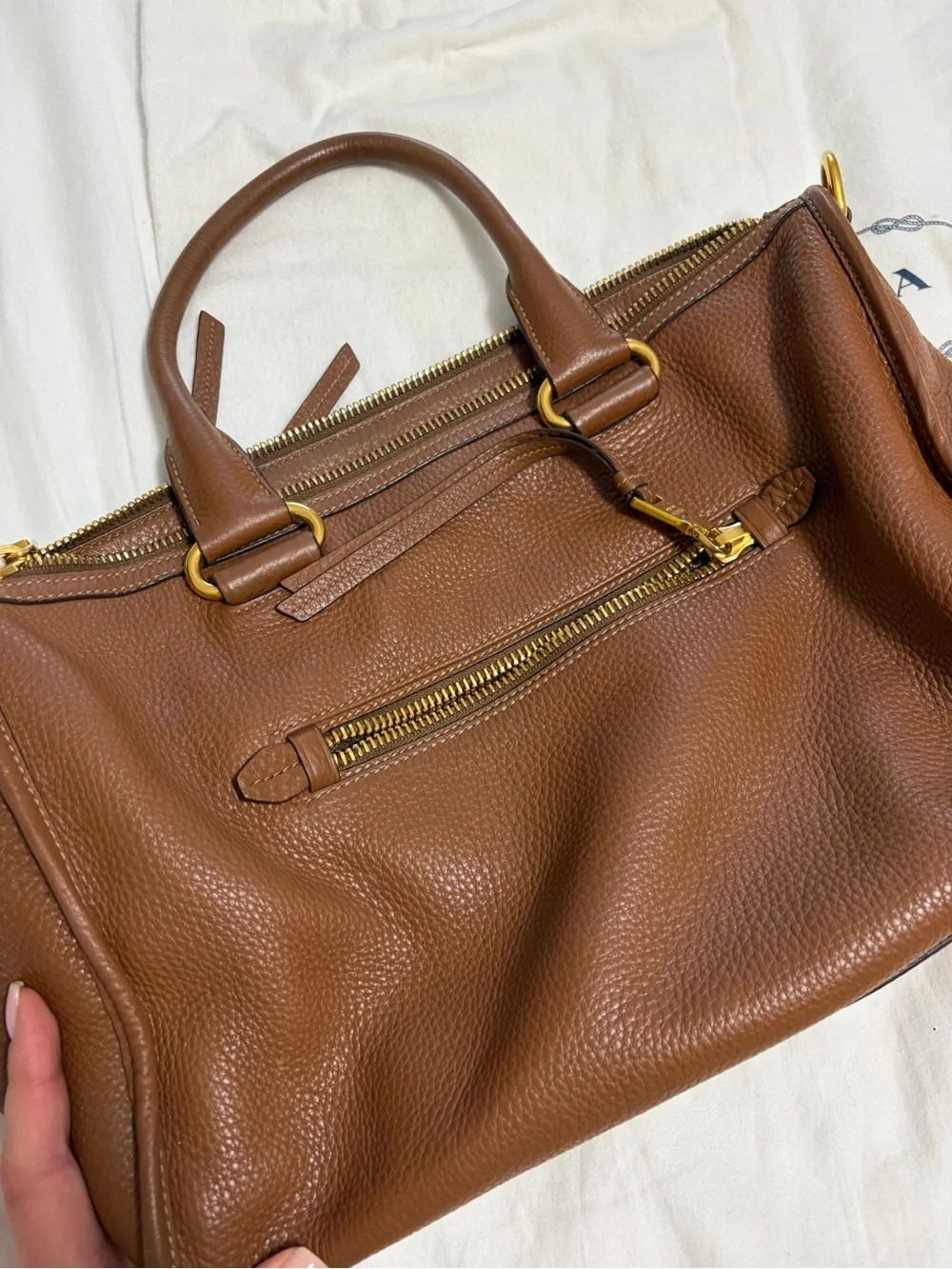 Prada Brown Pebbled Leather Satchel with Gold Hardware